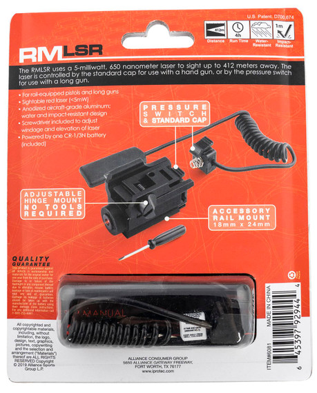 iProtec 6081 RMLSR 5mW Red Laser with 650nM Wavelength & Black Finish for Rail-Equipped Handguns & Long Guns
