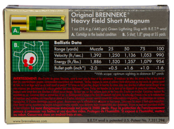 Brenneke SL202HFSGL Green Lightning Heavy Field Short Magnum 20Gauge 2.75 in 1oz Slug Shot 5 Per Box/50 Case, Shotgun Shells