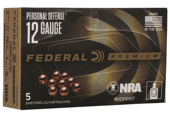 Federal PD132NRA00 Premium Personal Defense 12Gauge 2.75 in 00BuckShot 5 Per Box/50 Case, Shotgun Shells