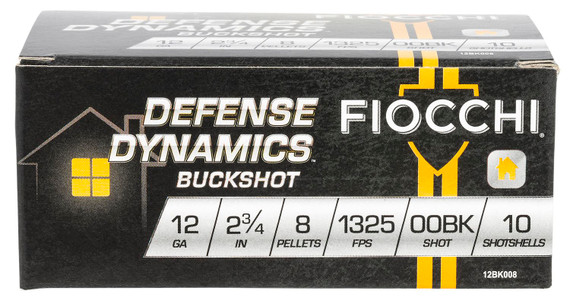 Fiocchi 12BK008 Defense Dynamics 12Gauge 2.75 in 8Pellets 00 Buck Shot 10 Per Box/25 Case, Shotgun Shells