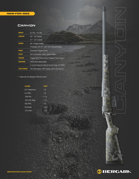 Bergara Rifles BPR26-300PRC Premier Canyon 300 PRC 5+1 Cap 22 in Sniper Gray Cerakote Rec/Fluted Barrel Swamper Rogue Camo Carbon Fiber AG Composite Stock TriggerTech Trigger Right Hand (Full Size)
