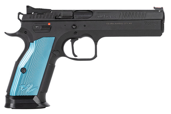 CZ-USA 91222 TS 2 40 S&W 17+1 5.28 in Black Steel Barrel, Black Serrated Steel Slide, Black Polycoat Steel Frame w/Beavertail, Blue Checkered Aluminum Grip, Pistol