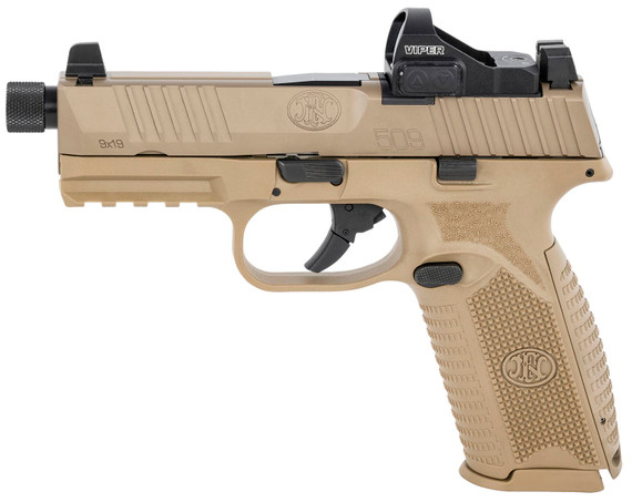 FN 66100847 509T w/Optic Sports South Exclusive 9mm Luger 10+1, 4.50 in Black Steel Threaded Barrel, FDE Optic Cut/Serrated Stainless Steel Slide, FDE Polymer Frame w/Picatinny, Vortex Viper Red Dot, Pistol