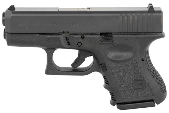 Glock 26, GEN 3, Semi-automatic, Striker Fired, Sub-Compact, 9MM, 3.43 in, Black, Interchangeable, 10 Rounds, 2 Mags, Front Serrations, Fixed Sights, Polymer, DLC G26AUT