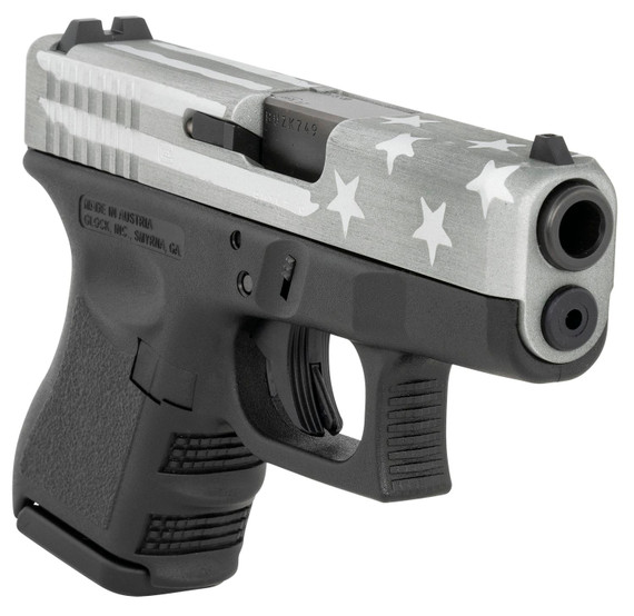 Glock PI2650204BWFS G26 Gen3 Sub-Compact 9mm Luger 10+1 3.43 in Black Polygonal, Rifled Barrel, Gray Battle Worn Flag Cerakote Serrated Slide, Black Polymer Frame, Black Textured Finger Grooved Polymer Grip, Pistol