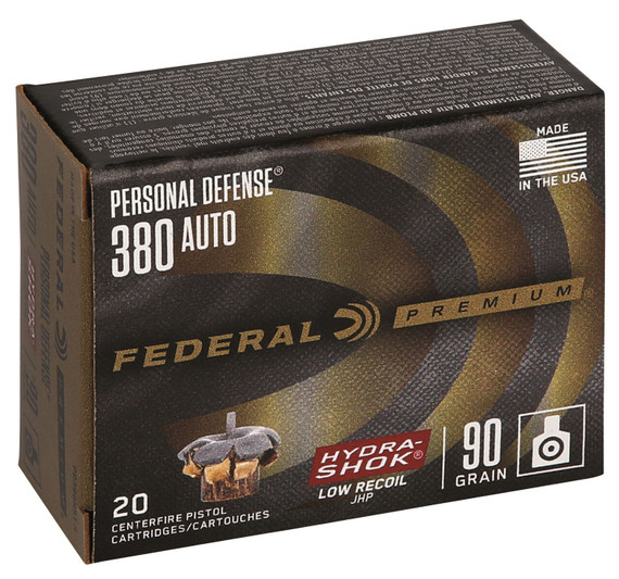 Federal PD380HS1H Premium Personal Defense Low Recoil 380ACP 90gr Hydra-Shok Jacketed Hollow Point 20 Per Box/10 Case Centerfire, Handgun Ammunition
