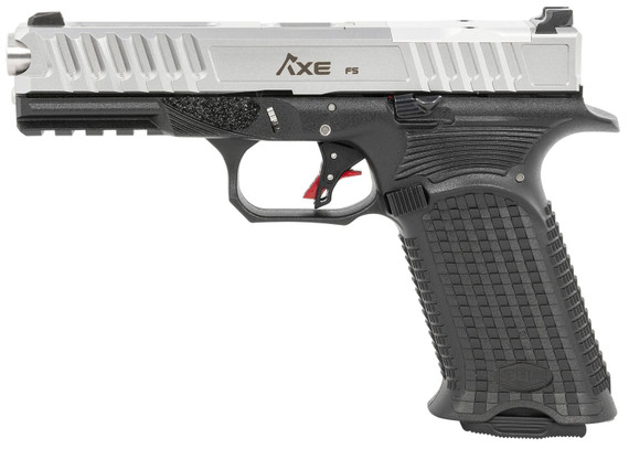 Bul Armory AXEFSTOMASLV9US Axe Tomahawk Sports South Exclusive Full Size 9mm Luger 17+1 4.49 in Stainless Steel Fluted Barrel, Silver Lightening Cut & Optic Cut/Serrated Stainless Steel Slide, Pistol