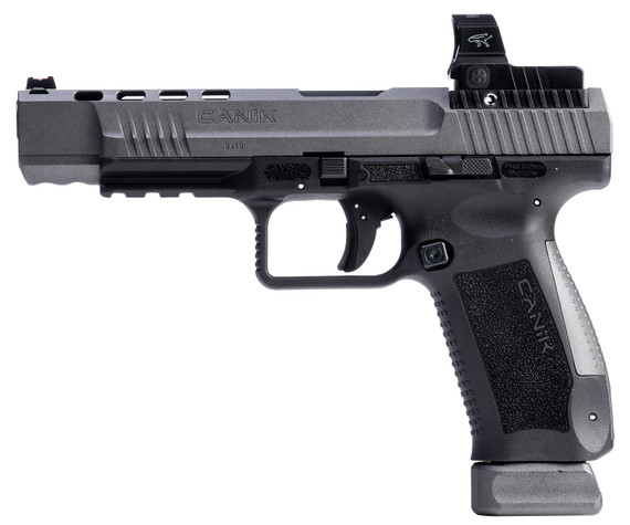 Canik HG7166GN TP9SFx 9mm Luger 20+1 5.20 in Match Grade Barrel, Tungsten Gray Cerakote Optic Ready/Serrated w/Ports Steel Slide, Black Polymer Frame w/Picatinny Rail, Interchangeable Backstrap Grip MeCanik MO2 Red Dot, Pistol