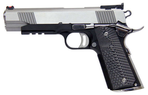Global Defense GDTBTT455G10 Thunderbolt 45 ACP 8+1 5 in Barrel, Matte Black Steel Frame, Matte Chrome Steel Slide w/Front Serrations, Checkered Gray G10 Grip, Manual Safety, Pistol
