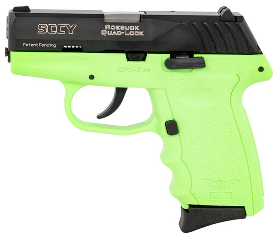 SCCY Industries CPX-3CBLG CPX-3 Sub-Compact Frame 380 ACP 10+1, 3.10 in Stainless Quadlock Barrel, Black Nitride Serrated Stainless Steel Slide, Lime Green Polymer Frame w/Finger Grooves, No Safety, Right Hand, Pistol