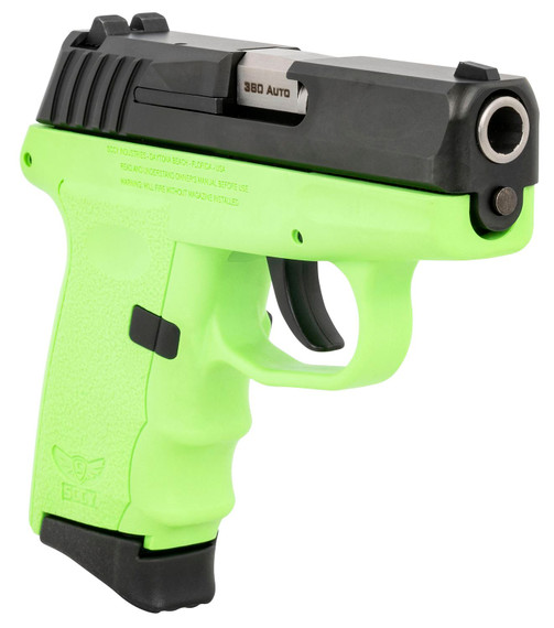 SCCY Industries CPX-3CBLG CPX-3 Sub-Compact Frame 380 ACP 10+1, 3.10 in Stainless Quadlock Barrel, Black Nitride Serrated Stainless Steel Slide, Lime Green Polymer Frame w/Finger Grooves, No Safety, Right Hand, Pistol