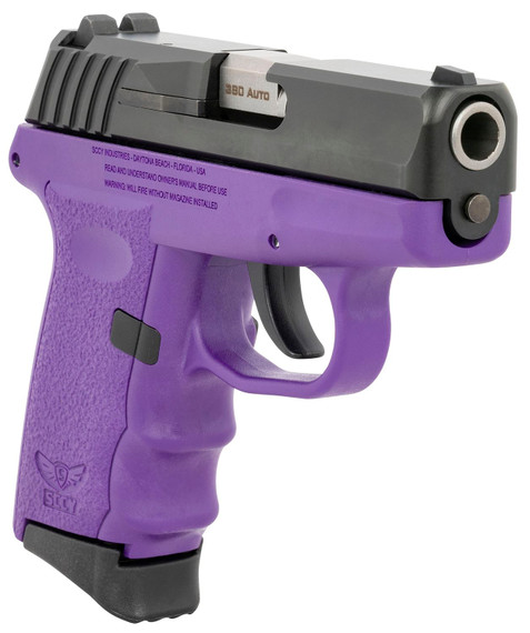 SCCY Industries CPX-3CBPU CPX-3 Sub-Compact Frame 380 ACP 10+1, 3.10 in Stainless Quadlock Barrel, Black Nitride Serrated Stainless Steel Slide, Purple Polymer Frame w/Finger Grooves, No Safety, Right Hand, Pistol