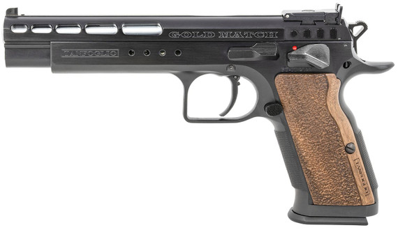 Tanfoglio IFG TFGOLDM9 Gold Match 9mm Luger Caliber with 6 in Barrel, 16+1 Capacity, Overall Matte Black Finish Steel Beavertail Frame, Ported Slide & Wood Grip, Pistol