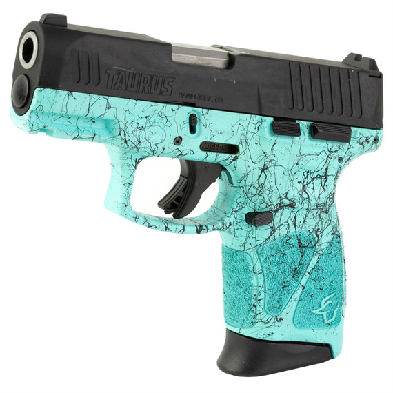 Taurus G3C, Striker Fired, Semi-automatic, Polymer Frame Pistol, Compact, 3.2 in Barrel, Matte Finish, Cyan Frame w/Black Splatter, Black Slide, Fixed Front Sight With Drift Adjustable Rear Sight, 12 Rounds, 3 Magazines 1-G3C931-SP4
