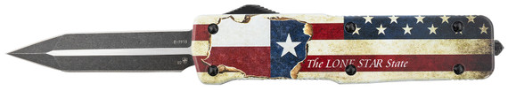Templar LZTX121 Premium Weighted Large 3.55 in OTF Dagger Plain Black Oxide Stonewashed Powdered D2 Steel Blade/5.25 in Red/White/Blue w/ inThe LONE STAR State in Aluminum Zinc Alloy Handle, Knife