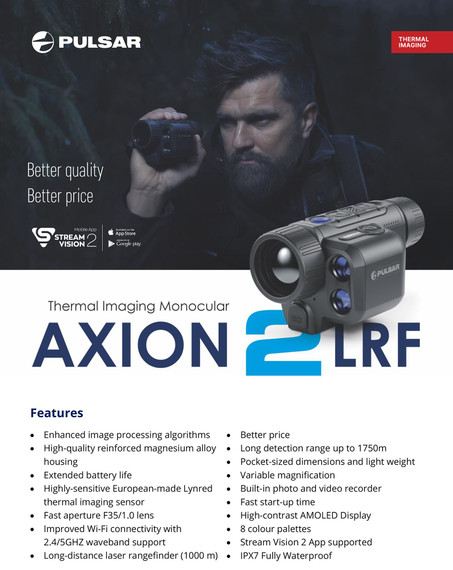 Pulsar PL77477 Axion 2 XG35 LRF Thermal Monocular Black 2.5-20x35mm 640x480, 50Hz Resolution Zoom 2x/4x/8x Features Laser Rangefinder