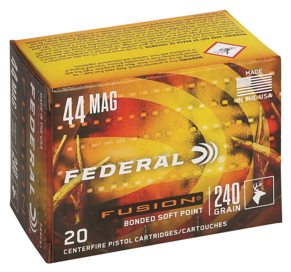 Federal F44SF1 Fusion 44RemMag 240gr Fusion Soft Point 20 Per Box/10 Case Centerfire, Handgun Ammunition