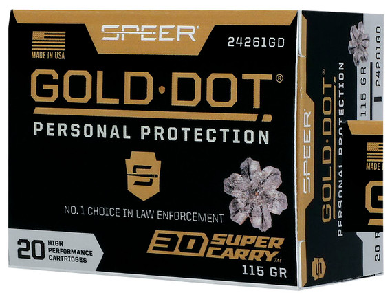 Speer 24261GD Gold Dot Personal Protection 30 Super Carry 115 gr Hollow Point 20 Per Box/ 10 Case Centerfire, Handgun Ammunition