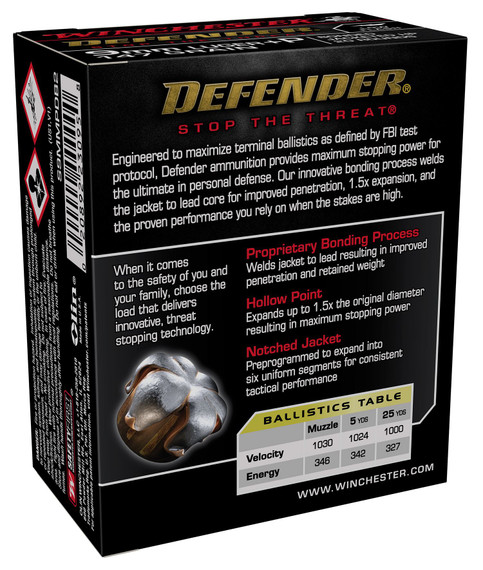 Winchester S9MMPDB2 Defender 9mmLuger+P 147gr Bonded Jacket Hollow Point 20 Per Box/10 Case Centerfire, Handgun Ammunition
