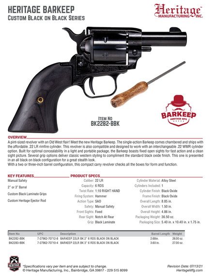 Heritage Mfg BK22B3BBK Barkeep 22 LR 6 Shot, 3.60 in Black Oxide Steel Barrel, Black Oxide Zinc Alloy Frame, Black Oxide Cylinder, Black Laminate Grip, Manual Safety, Exposed Hammer , Revolver