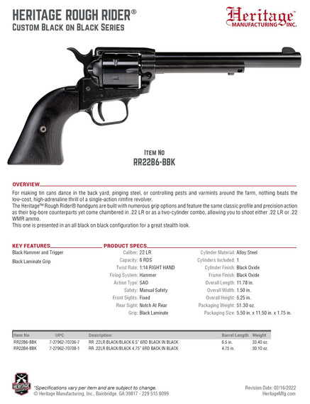 Heritage Mfg RR22B6BBK Rough Rider 22 LR 6 Shot, 6.50 in Black Oxide Steel Barrel, Black Steel Frame, Black Oxide Cylinder, Black Laminate Wood Grip, Hammer/Thumb Safety, Exposed Hammer , Revolver