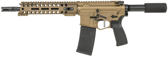 Patriot Ordnance Factory 01793 Renegade + Direct Impingement 5.56x45mm NATO Caliber with 10.50 in Barrel, 30+1 Capacity, Burnt Bronze Metal Finish, Buffer Tube Stock, Black Polymer Grip, 9 in M-LOK Handguard & Gen4 Lower Right Hand, Pistol