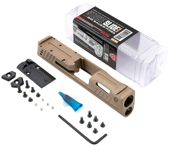Strike Industries P365SLIDEFDE Strike Replacement Slide FDE Stainless Steel with Ports & Optics Cut for Sig P365 Includes Charging Handle