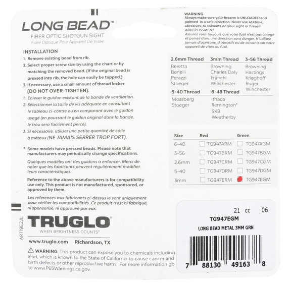 TruGlo TG947EGM LongBead Black | Green Fiber Optic Front3mm Threads, Shotgun Sight