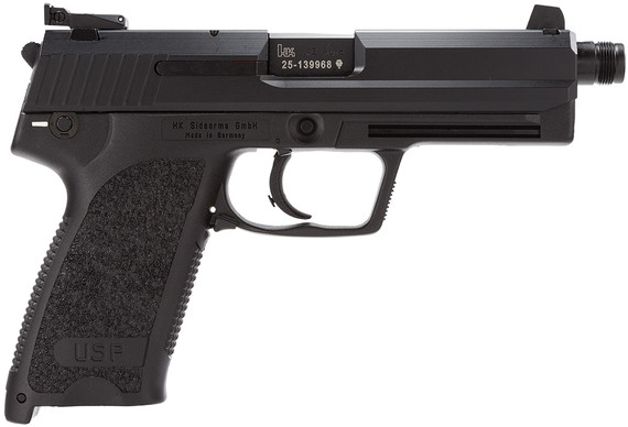 H&K 81000350 USP Tactical V1 SA/DA 45 ACP Caliber with 5.09 in Threaded Barrel, 12+1 Capacity, Overall Black Finish, Serrated Trigger Guard Frame, Serrated Steel Slide, Polymer Grip & Decocker Safety Includes 2 Mags, Pistol