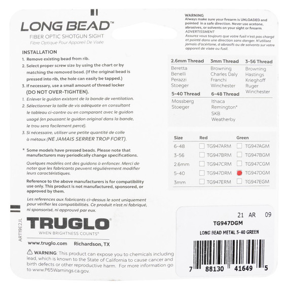 TruGlo TG947DGM LongBead Black | Green Fiber Optic Front5-40 in Threads, Shotgun Sight