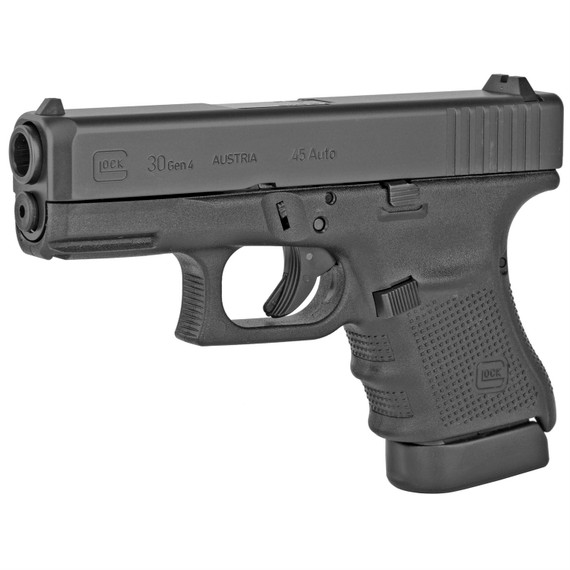 Glock 30, Gen 4, Safe Action, Compact Pistol, 45 ACP, 3.77 in Barrel, Polymer Frame, Matte Finish, Fixed Sights, 10Rd, 2 Magazines, Glock OEM Rail, Rebuilt, May or May Not Come With Night Sights PR30501