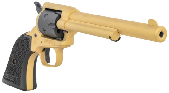 Heritage Mfg RR22S6 Rough Rider 22 LR 6 Shot, 6.50 in Gold Cerakote Steel Barrel, Gold Cerakote Zinc Alloy Frame, Black Satin Cylinder, Black Polymer Grip, Hammer/Thumb Safety, Exposed Hammer, Features Black Accents , Revolver