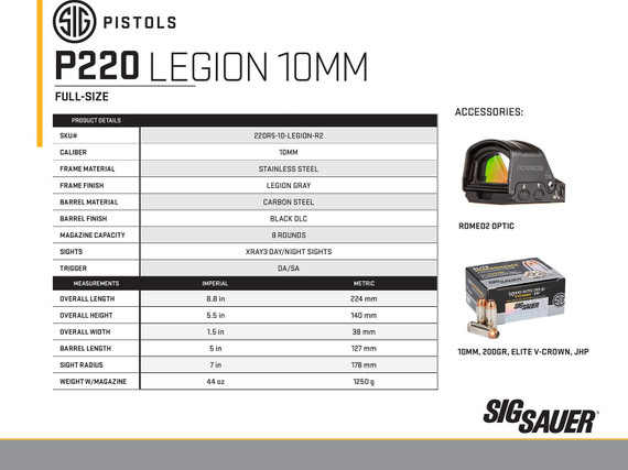 Sig Sauer 220R510LEGIONR2 P220 Full Size Legion 10mm Auto 8+1 5in, Legion Gray Elite Cerakote, Picatinny Rail Frame, Romeo 1 Cut Slide, Black G10 Grip, X-Ray Sights