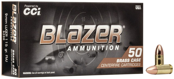 CCI 5200 Blazer Brass 9mmLuger 115gr Full Metal Jacket 50 Per Box/20 Case Centerfire, Handgun Ammunition