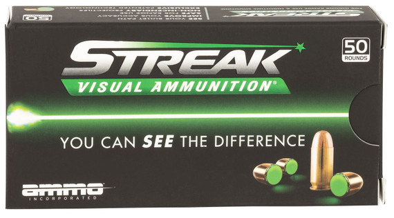 Ammo Inc 9115TMCSTRKGRN50 Streak Visual (GREEN) 9mm Luger 115gr Total Metal Case 50 Per Box/20 Case Centerfire, Handgun Ammunition