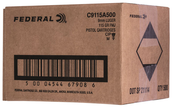 Federal C9115A500 Champion Training 9mmLuger 115gr Full Metal Jacket 500rds *Bulk Package Centerfire, Handgun Ammunition