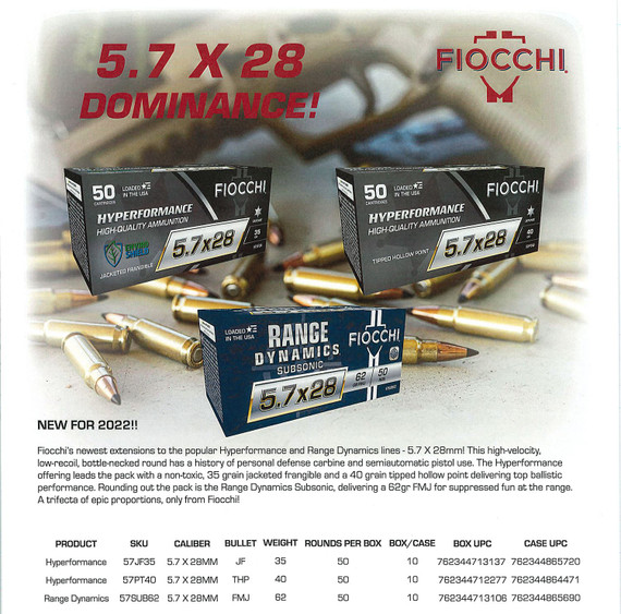 Fiocchi 57PT40 Hyperformance 5.7x28mm 40gr Tipped Hollow Point 50 Per Box/10 Case Centerfire, Handgun Ammunition