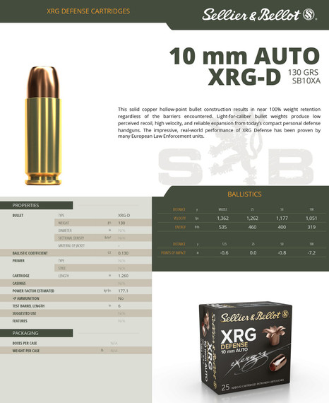 Sellier & Bellot SB10XA XRG Defense 10mmAuto 130gr Solid Copper Hollow Point 25 Per Box/40 Case Centerfire, Handgun Ammunition