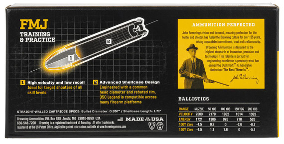 Browning B192803501 FMJ 350Legend 124gr Full Metal Jacket 20 Per Box/10 Case Centerfire, Rifle Ammunition