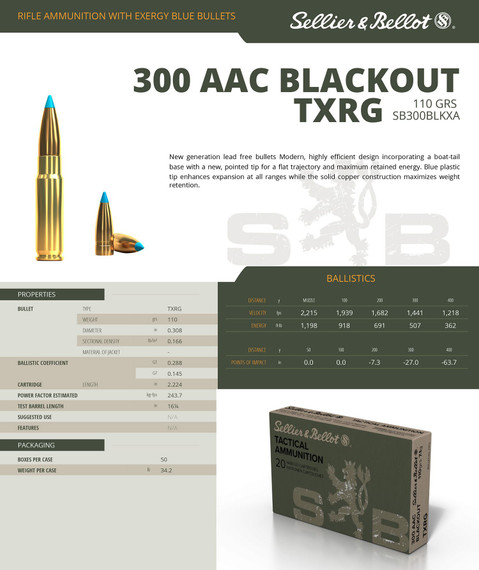 Sellier & Bellot SB300BLKXA eXergy 300Blackout 110gr TAC EX Blue 20 Per Box/50 Case Centerfire, Rifle Ammunition