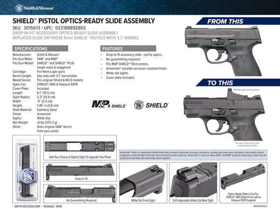 Smith & Wesson 3015613 Slide Assembly Shield Fits S&W Shield/Shield Plus Optic Ready 9mm Luger Black Armornite Stainless Steel 3-Dot White Sights