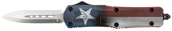 CobraTec Knives MCTXFS3DAGNS FS-3 Texas Flag Medium 3 in OTF Dagger Plain Satin D2 Steel Blade, 5 in Texas Flag Aluminum Cerakoted Handle, Knife