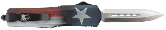 CobraTec Knives MCTXFS3DAGNS FS-3 Texas Flag Medium 3 in OTF Dagger Plain Satin D2 Steel Blade, 5 in Texas Flag Aluminum Cerakoted Handle, Knife