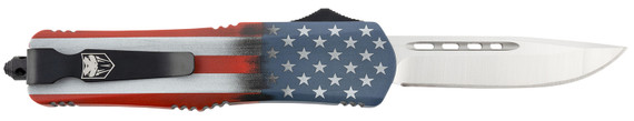 CobraTec Knives MCUSAFS3DNS FS-3 American Flag Medium 3 in OTF Drop Point Plain Satin D2 Steel Blade, 5 in US Flag Aluminum Cerakoted Handle, Knife
