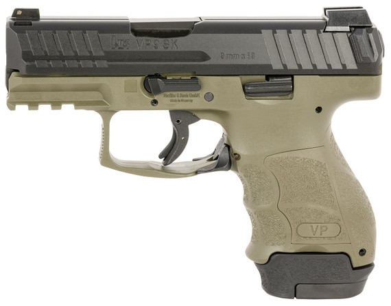 H&K 81000814 VP9SK Sub-Compact 9mm Luger 12+1/15+1 3.39 in Black Polygonal, Rifled Barrel & Serrated Slide, Green Polymer Frame w/Picatinny Rail, Green Finger Grooved Interchangeable Backstrap Grips, Pistol