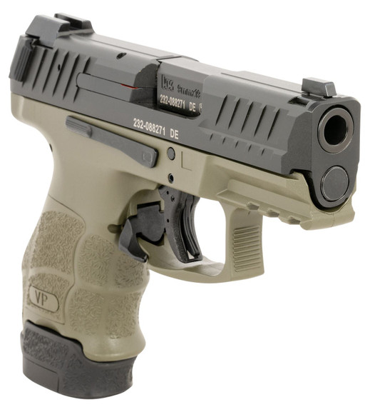H&K 81000814 VP9SK Sub-Compact 9mm Luger 12+1/15+1 3.39 in Black Polygonal, Rifled Barrel & Serrated Slide, Green Polymer Frame w/Picatinny Rail, Green Finger Grooved Interchangeable Backstrap Grips, Pistol