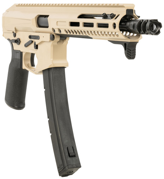 Patriot Ordnance Factory 01926 Phoenix 9mm Luger 35+1 8 in, FDE Rec/M-LOK Handgaurd, Black MFT Grip, Picatinny Stock Adapter, Muzzle Brake, Includes Hand Stop, Pistol