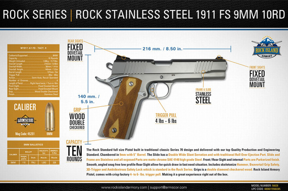 Rock Island 56828 Rock Full Size 9mm Luger 10+1, 5 in Stainless Steel Barrel & Serrated Slide, Matte Stainless Steel Frame w/Beavertail, Wood Double Checkered Grip, Pistol