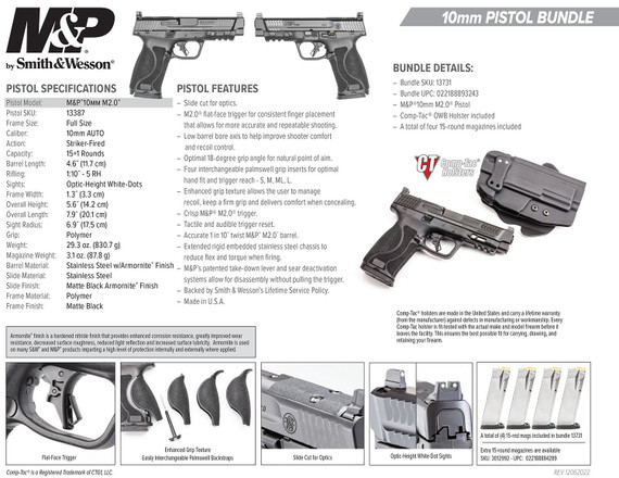 Smith Wesson 13731 MP M2.0 10mm Auto 15+1 4.60 in Black Armornite Barrel, Matte Black Armonite Optic Ready/Serrated Steel Slide, Black Polymer Frame w/Picatinny Rail Polymer Grips