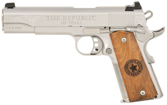 SDS Imports 10100514 1911 Republic Of Texas Full Size 45 ACP 8+1 5 in Stainless Stainless Steel Barrel, Stainless Serrated w/Floral Engraving Slide, Stainless Steel Frame w/LPI Checkering & Beavertail, Grade 3 Walnut w/Engraved Texas Seal Grips, Pist